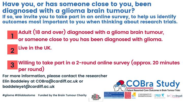 We are recruiting! If you, or a loved one, has been diagnosed with a glioma brain tumour, we want to know your views. Please get in touch to find out more - baddeleye1@cardiff.ac.uk